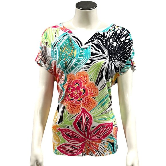 Chico's Tops - Chicos Short Sleeve Blouse Vibrant Multi Colored Floral Abstract Print V Neck